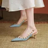 Sexy Rivets Pointed Toe Slingbacks Patent Leather Mid Heels Pumps Women Sandals Blue Snakeskin Pattern Slip on Sandalias Mujer 4