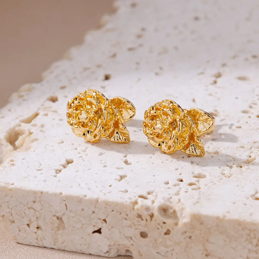Vintage Rose Flower Earrings 18K Gold Plated Stainless Steel Stud Earring
