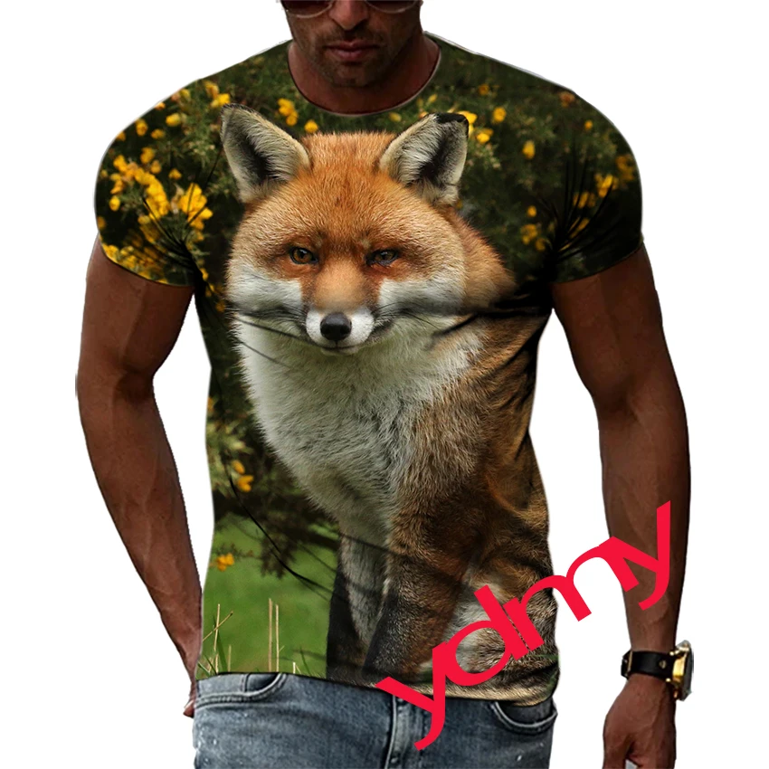 

Tide Fashion Summe Cute Fox Picture Men's T-shirt Casual Print Tees Hip Hop Personality Round Neck Short Sleev Quick-Dry Tops