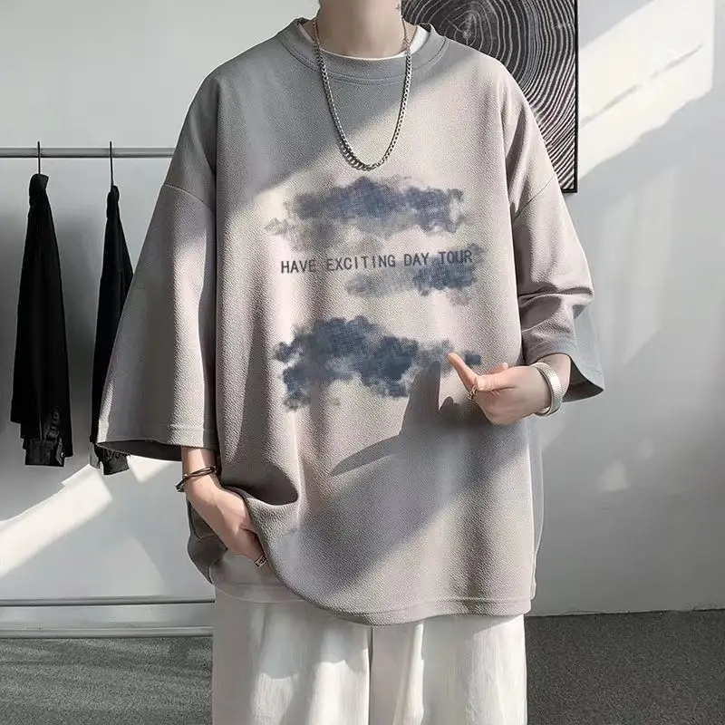 2023 Summer Y2K High Street 3/4 Sleeve T-Shirts Man Round