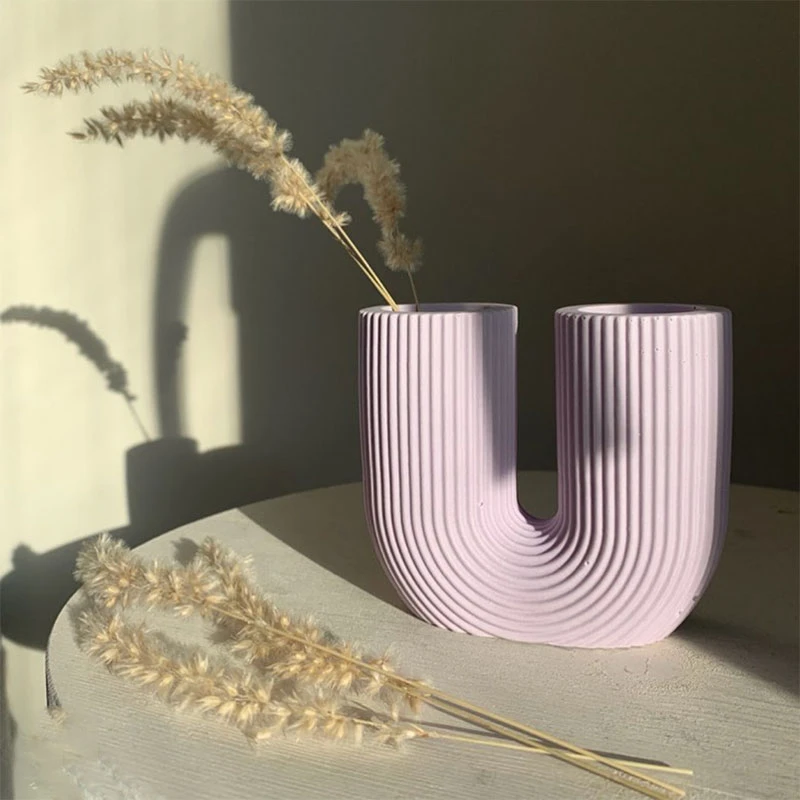 

U Shape Striped Vase Cement Mold Cement Candle Holder Mold Aromatherapy Stick Container Gypsum Clay Pottery Silicone Mold