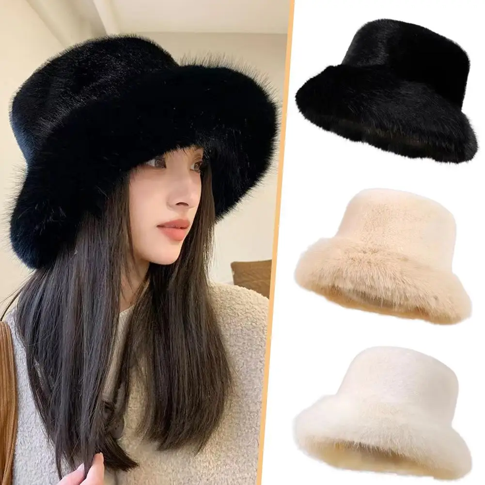 

Winter Bucket Hat Oversized Fluffy Wide Brim Soft Thickened Cap Protection Warmth Fisherman Comfortable Faux Women Ear Fur Q4C1