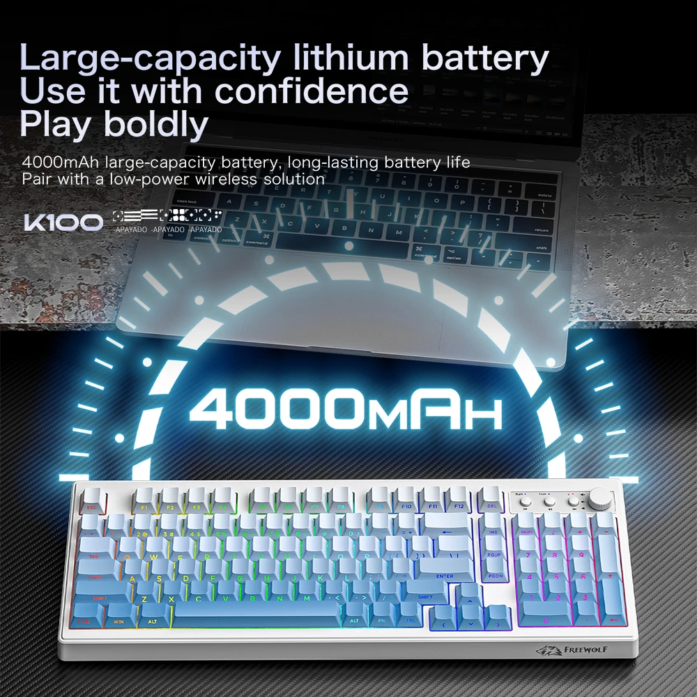 프리울프 K100 무선 키보드, 미디어 노브 포함, 저소음 | 측면 인쇄 백라이트 | 4000mAh | 26키 롤오버 기계식 느낌 키보드