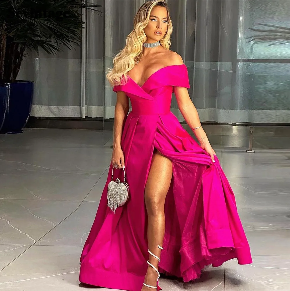 

Sevintage Classical Fushia Satin Women Prom Dress Off The Shoulder V-Neck Pleat Ruched Floor Length Party Gown فساتين السهرة