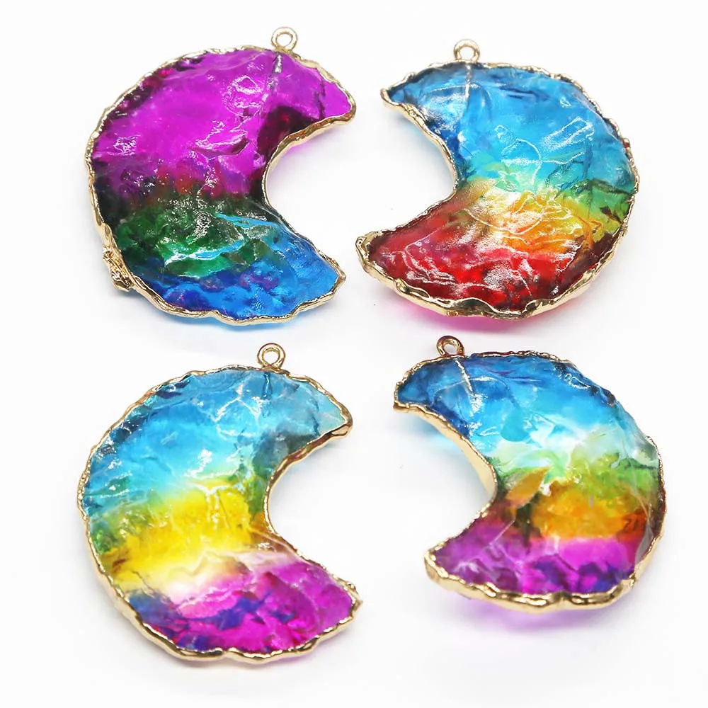 Natural Semi Precious Stone Color Crystal Crescent Gold Edged Necklace Pendant Charms Quality Jewelry Accessories Wholesale 8Pcs