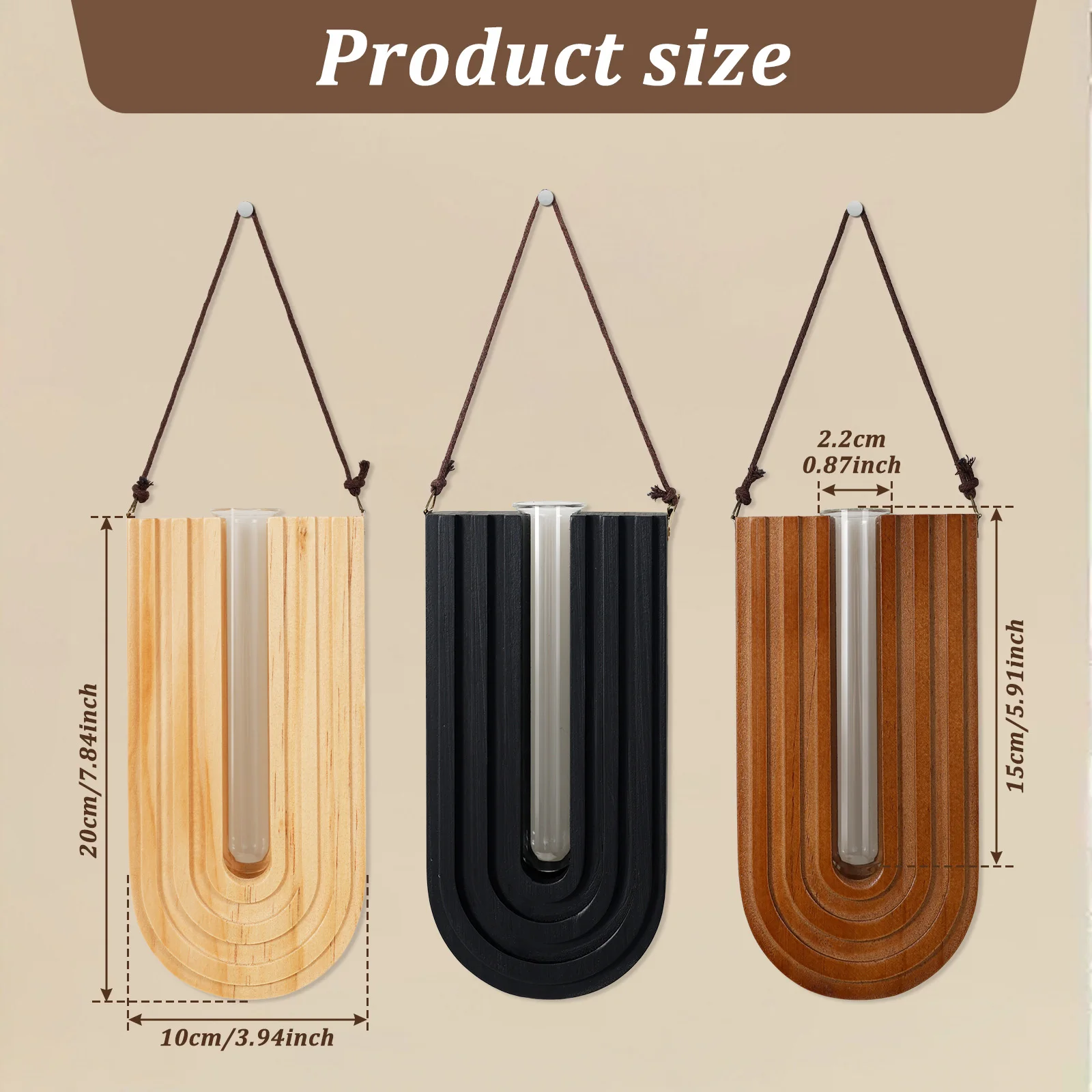 3 Pcs Wooden Flower Vase Elegant Wall Mounted Planter Hydroponic Plant Hanging Vase for Garden Living Room and Home Decoration