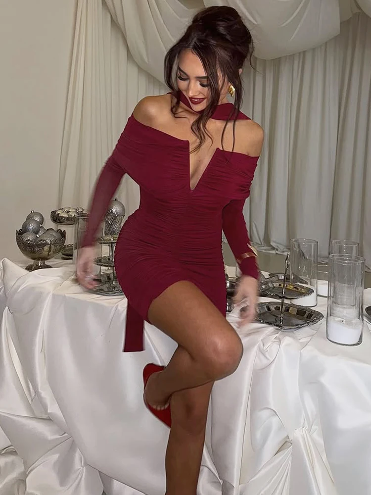 Nibber Long Scarf+Off-Shoulder Dress Women Long Sleeve Folds v-Neck Peach Butt Skinny High Elasticity Party Hipster Mini Bodycon