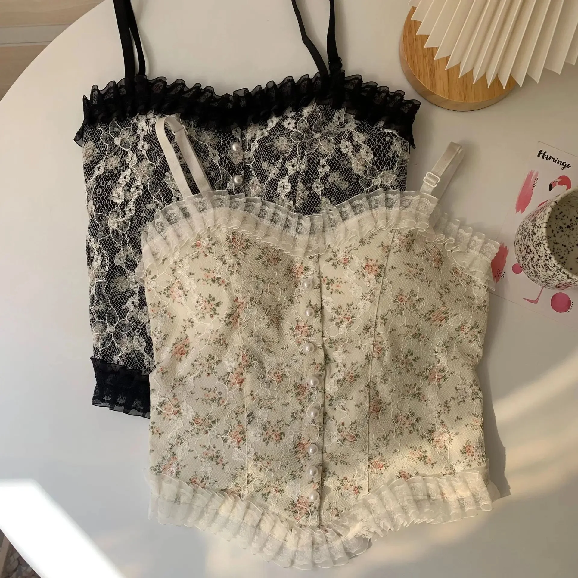 Women's Camisole Summer French Lace Floral Ruffle No Steel Ring With Chest Pad Girl Bottoming Shirt Tank Top 1PC