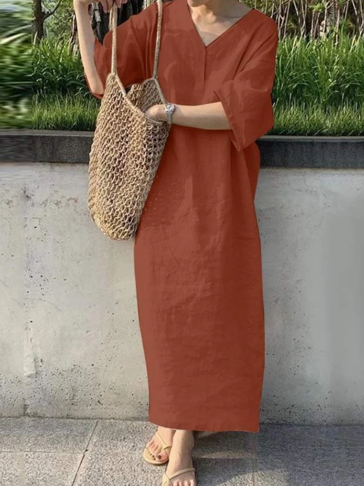 

Summer Dress V-neck Raglan Sleeve Loose Waist Solid Color Long Dress for Women Casual Comfort Vintage Women Clothing Streetwear