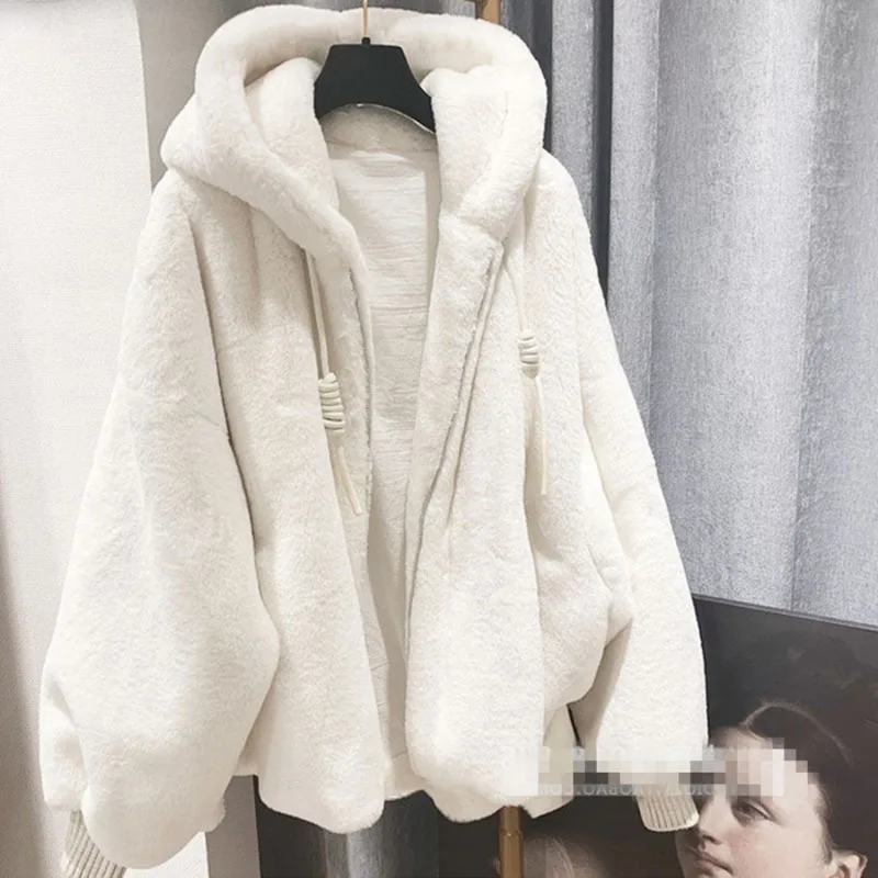Winter Hooded Faux Rabbit Fur Plush Women Jacket Imitation Lambwool Outwea Top White Coat Warm Furry Overcoat Casual Sobretudos