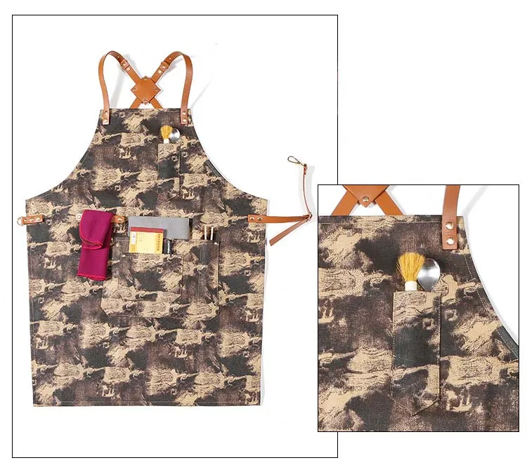 Mode bestickte Schürze Männer und Frauen Denim Canvas Ledergürtel Schönheitssalon Café Begleiter stilvolle Küche Arbeitskleidung – Detail 8