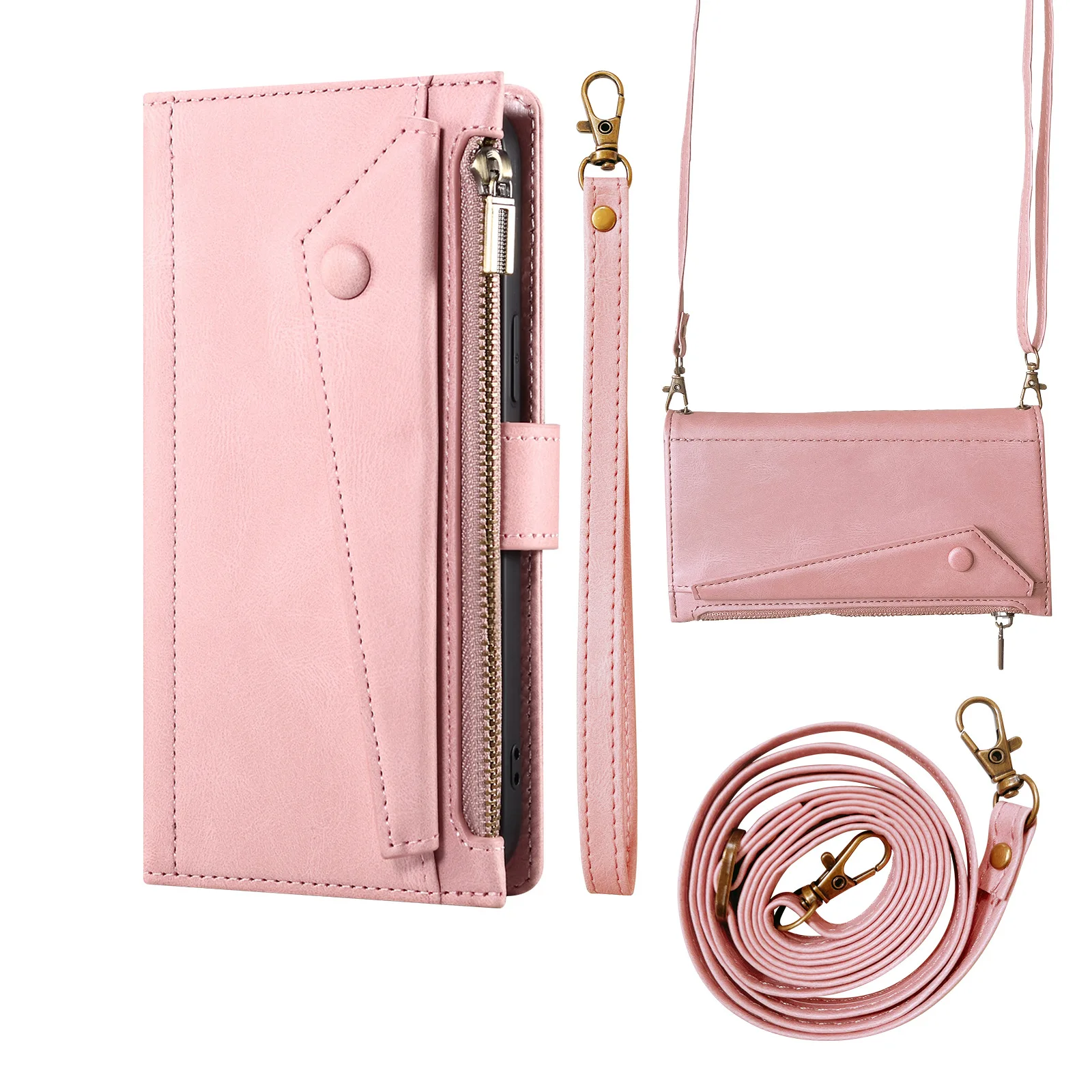 Luxury Leather Crossbody Zipper Wallet Case with Lanyard and Multi Card Slots