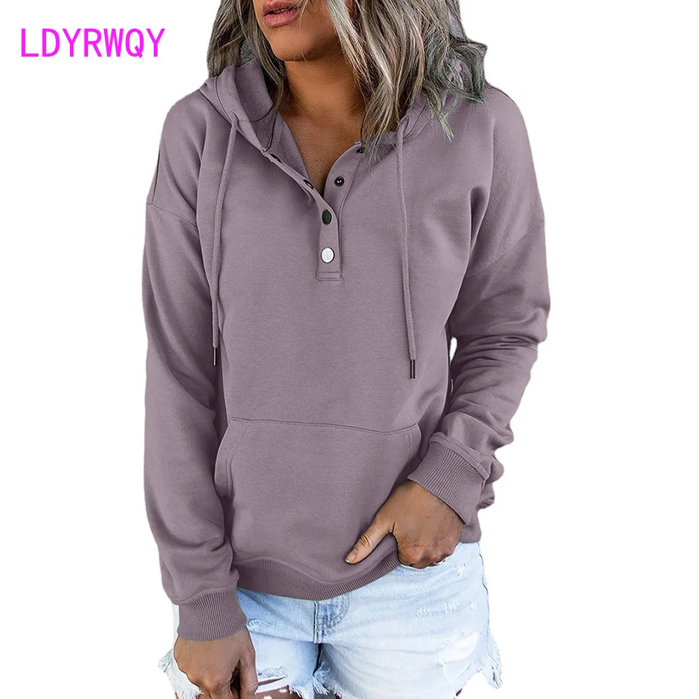 European and American women's long sleeved loose casual hooded drawstring pocket sweater