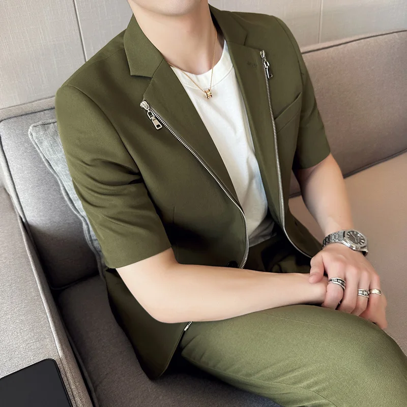 Summer Zipper Decoration Blazers Men Casual Business Suit Jacket Slim Fit 3/4 Sleeve Streetwear Social Jacket Men Clothing