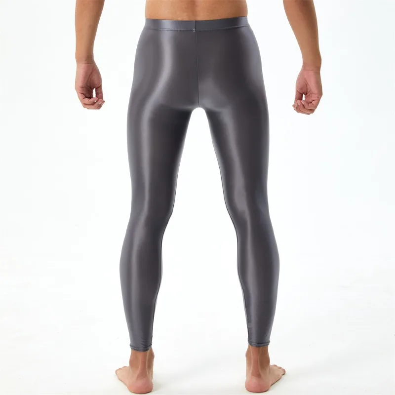 Glossy Satin Leggings Man Pants Gym High Waist Skinny Sheer Sexy Smooth Yoga Leggings See Through Sports Tights Men Trousers