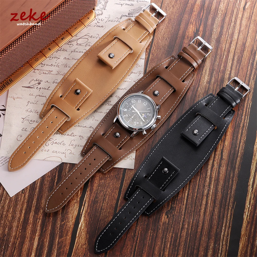 Vintage Cowhide Leather Watchband – Black & Brown Strap Wristband