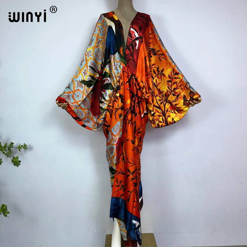 

Sexy bech high-quality hand-rolled feel silk rayon fashion print 2021 WINYI Maxi women's robes long beach V-neck Bohemian dress