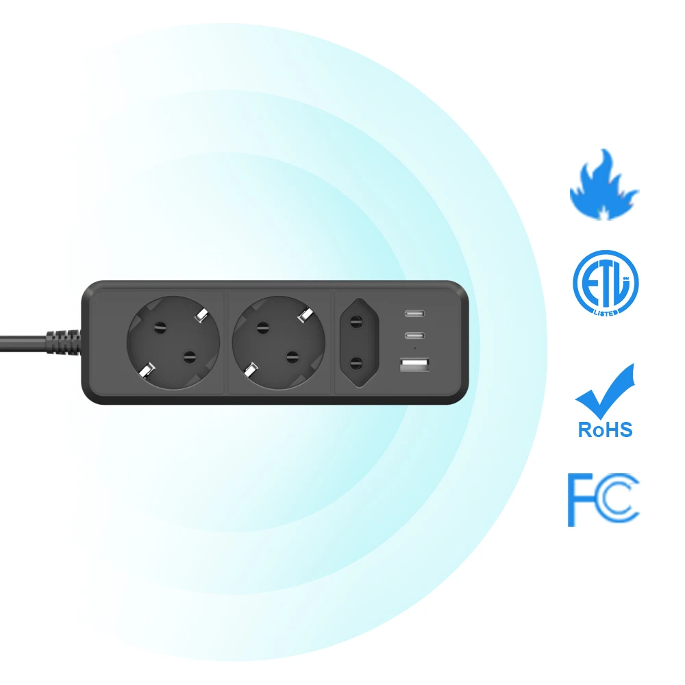 Power Strip 6 IN 1 2500W EU Plug 1.5M Extension Cord Socket Extender With 3AC Outlets 3USB 17W Fast Charging 7 Safety System