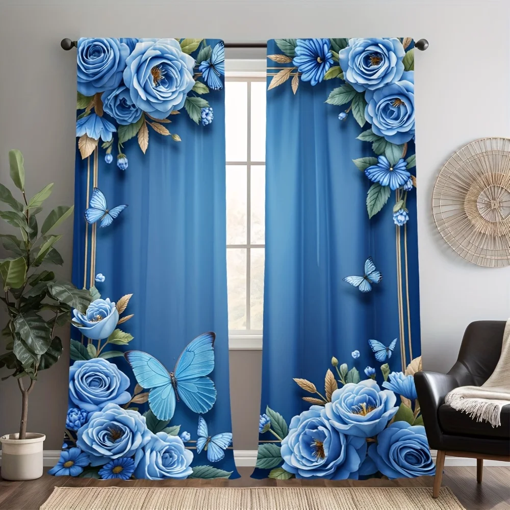 ผ้าม่านพิมพ์ลายดอกไม้และผีเสื้อสีน้ำเงินหรูหรา 2 ชิ้น - ดีไซน์แบบรูร้อยราวสำหรับห้องนั่งเล่น ห้องนอน สำนักงาน ห้องครัว 1