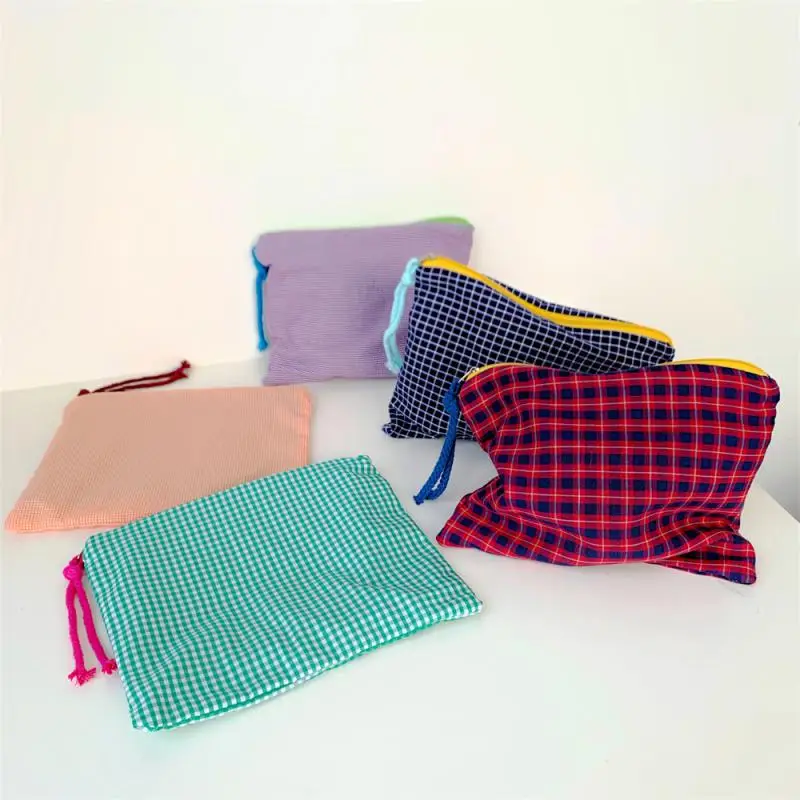 

Women Plaid Makeup Bag Cotton And Linen Cosmetic Bag Zipper Pouch Portable Large Capacity Girls Pencil Stationery Storage Bag