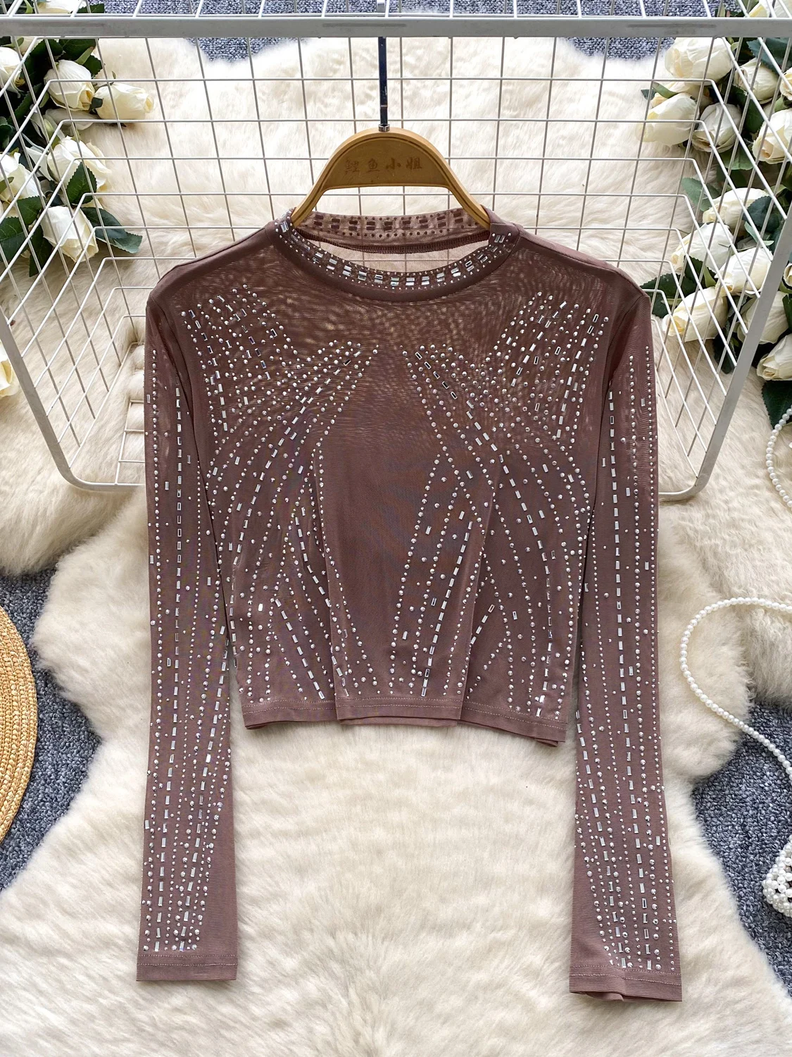 Slim Fit Long Sve T-irt Women's ort Sle Me Top Thin Summer Trendy round Ne Thermal Diamond Glitter Korean Sle