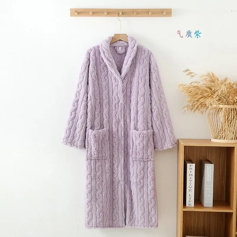 New Autumn/Winter Women's Bathrobe Flannel Thickened Warm Buckle Long Dress Solid Color Nightgown Home Fur Ladies