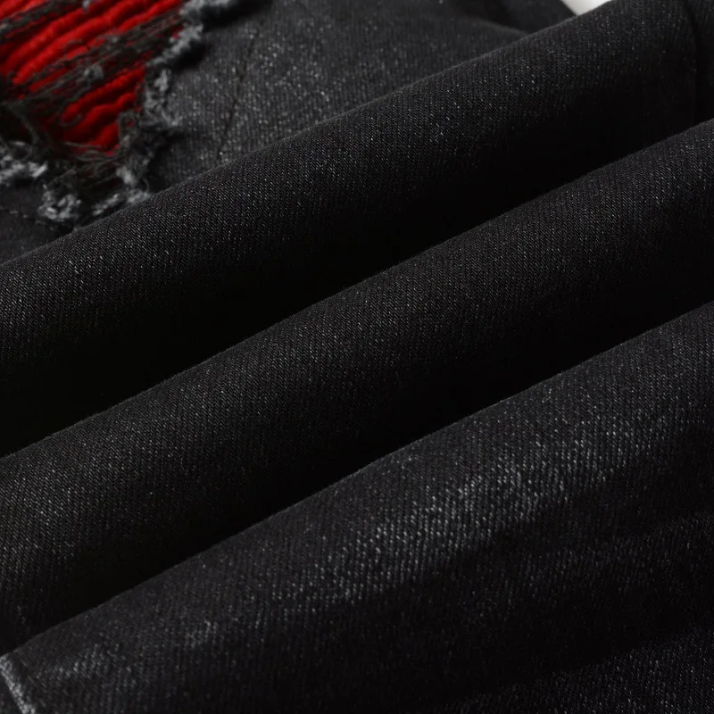 Mens Black Slim Fit Ripped Jeans Streetwear Hip Hop Red Patch Frayed Elastic Hole Jeans Trousers Male 6