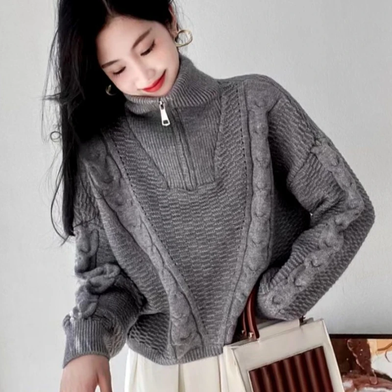 Elegant Women's New Turtleneck Zipper Long-sleeved Sweater Fashion Autumn and Winter Solid Color Retro Pullover Shirt Knitwear