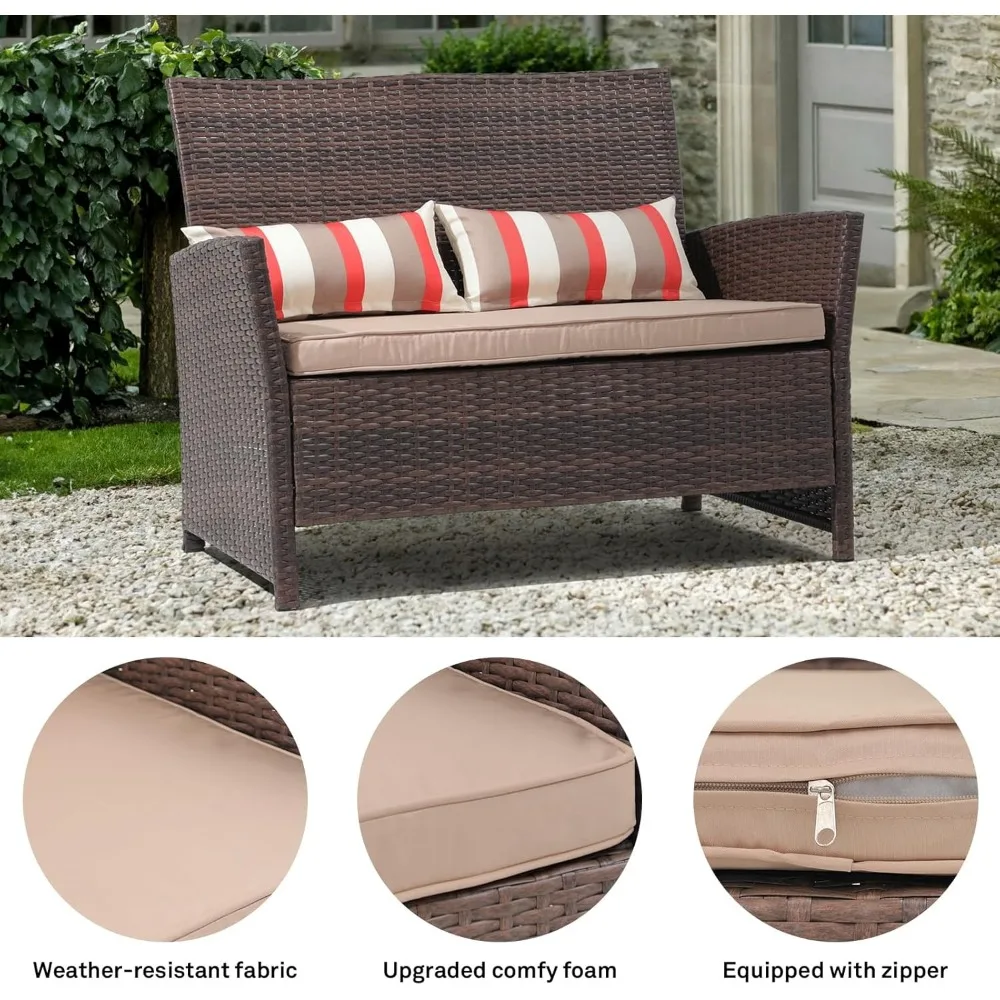 Outdoor Wicker Loveseat with Cushions, 2 Seater Patio PE Rattan Sofa with Lumbar Pillows, Brown Wicker & Beige Cushions 5