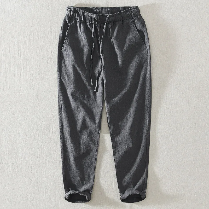 Summer Casual Pants Men'S Thin Section Trendy Youth Loose Cotton And Linen Drawstring Elastic Waist Straight Leg Cropped Pants
