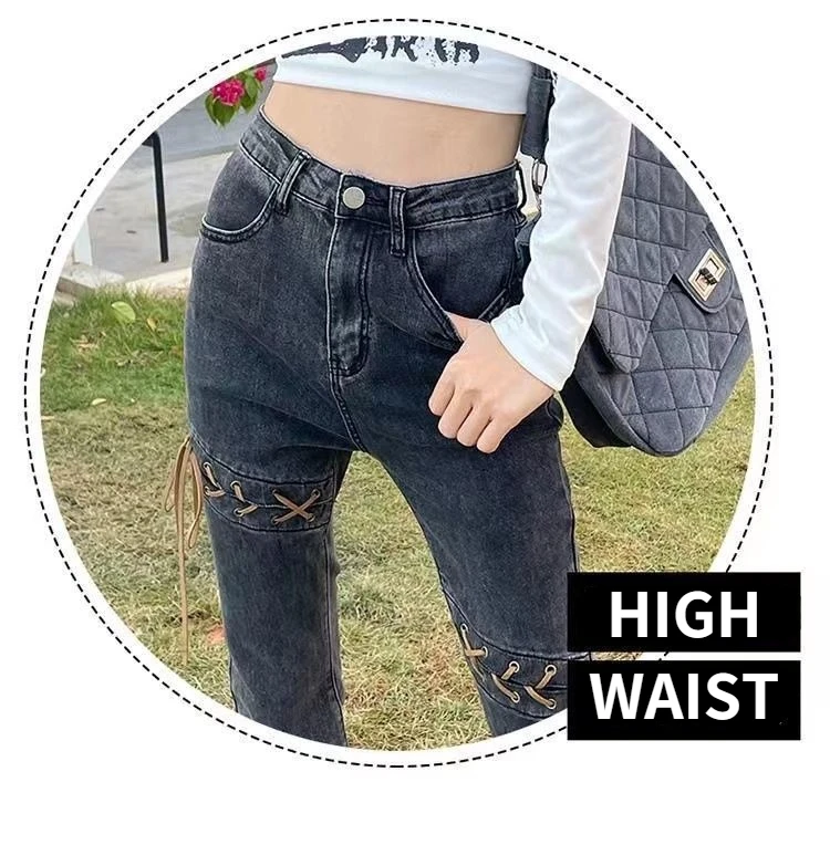 Feiernan Y2k Dark Grey Women Flare Pants Skinny Denim  Straight Bottoms High Waist Jeans Blue Hollow OutFull Length Trousers ripped jeans