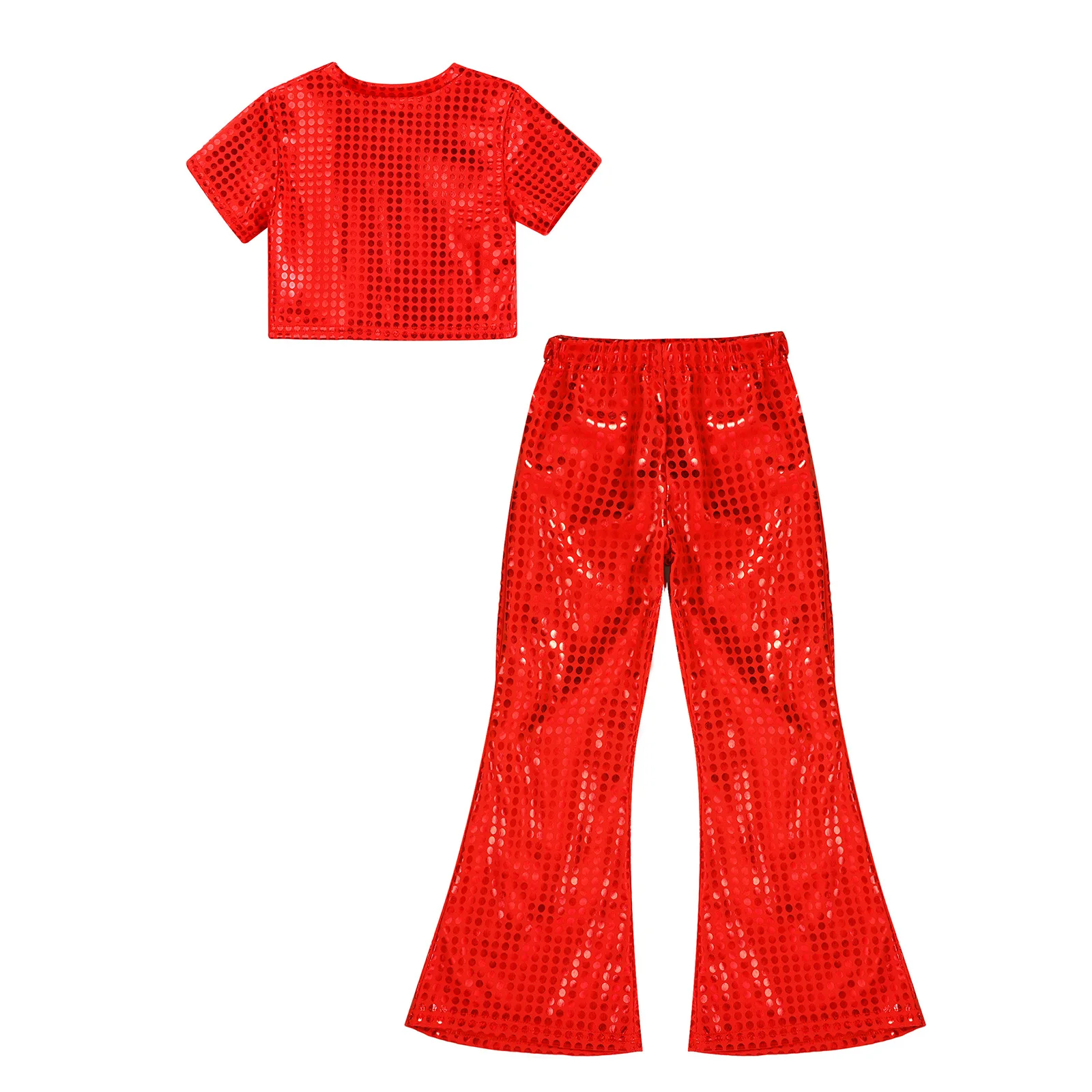 Kinder Mädchen glänzend metallisch Jazz Hip Hop Tanz Disco Rave Party Bühne Performance Kostüm Kurzarm Crop Top mit ausgestellten Hosen – Detail 24