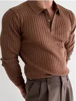 High-End Busin Men's Long Sve  irt Knitted Ribbed Collar T-irt Lightweight Mature Sle Pure Color Polyester Fiber