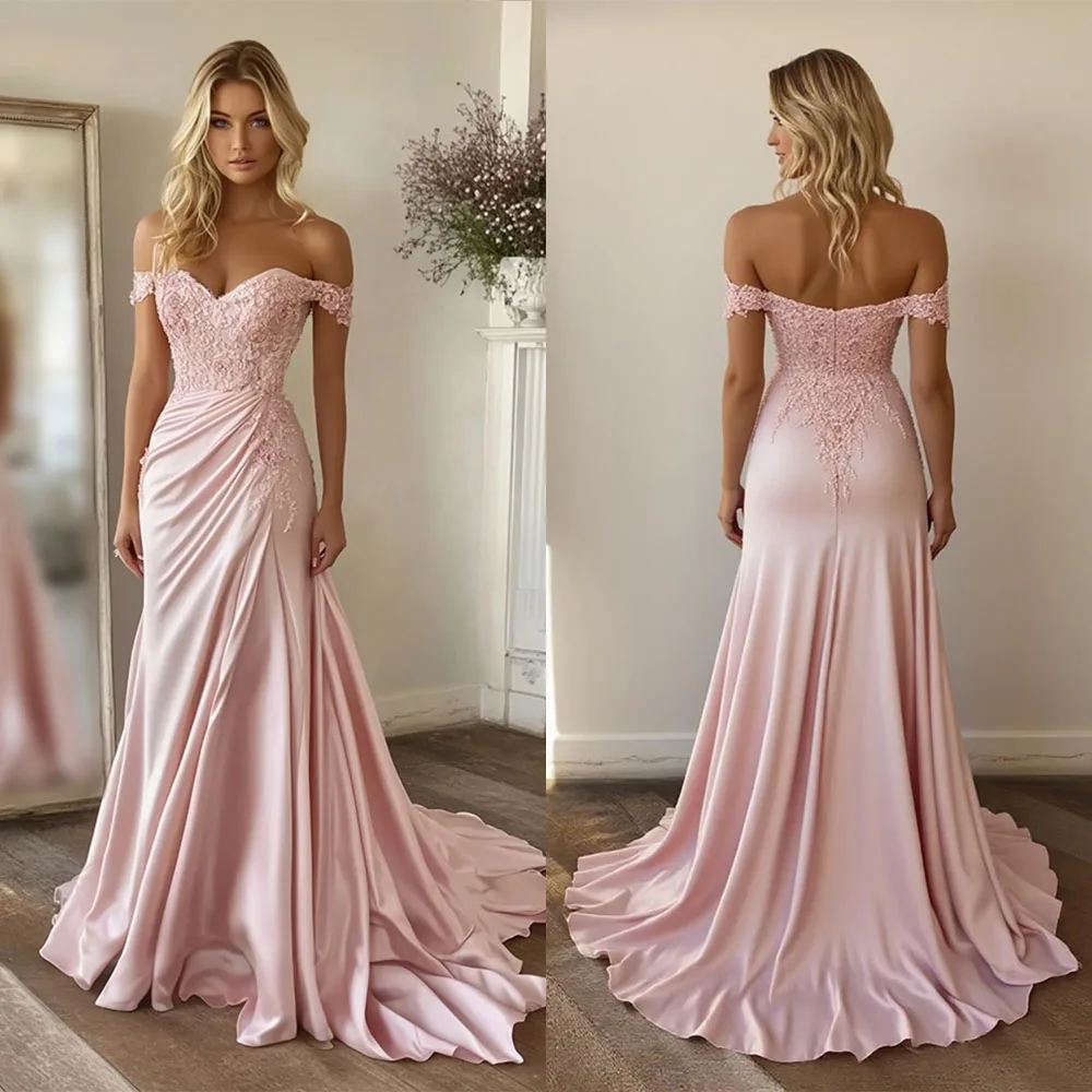 Deep V-neck off shoulder sleeveless backless and floor length Prom dress