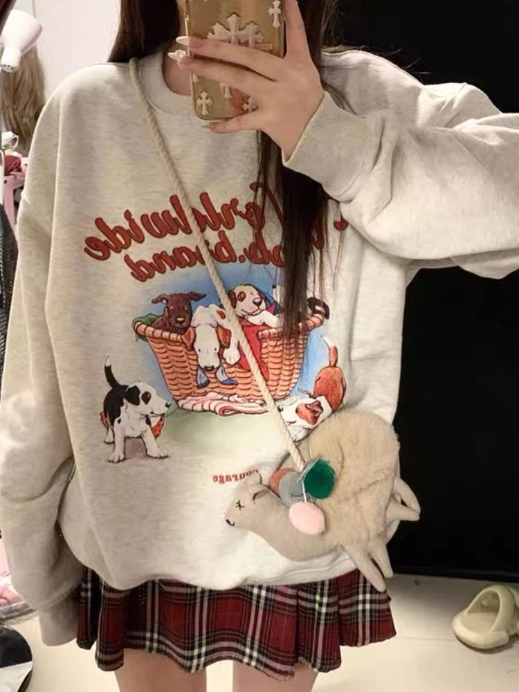 

Deeptown Korean Style Graphic Grey Sweatshirts Women Preppy Long Sleeve Pullover Hippie Harajuku Streetwear Oversize Loose Tops