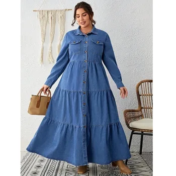 Robe en jean élégante femme col rabattu avec poches grande taille coton extensible