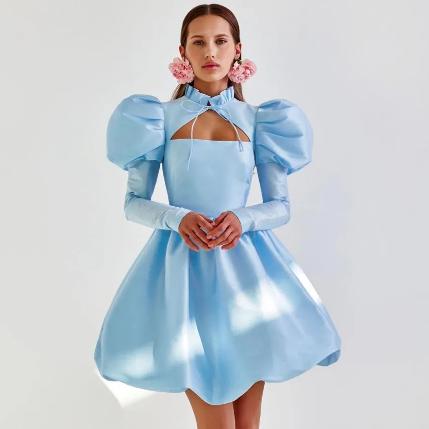 

Sky Blue Mini Homecoming Party Dresses Draped Short Prom Gowns Puffy Sleeve Pleated Chic Cocktail Dress Mini Vestido de curto