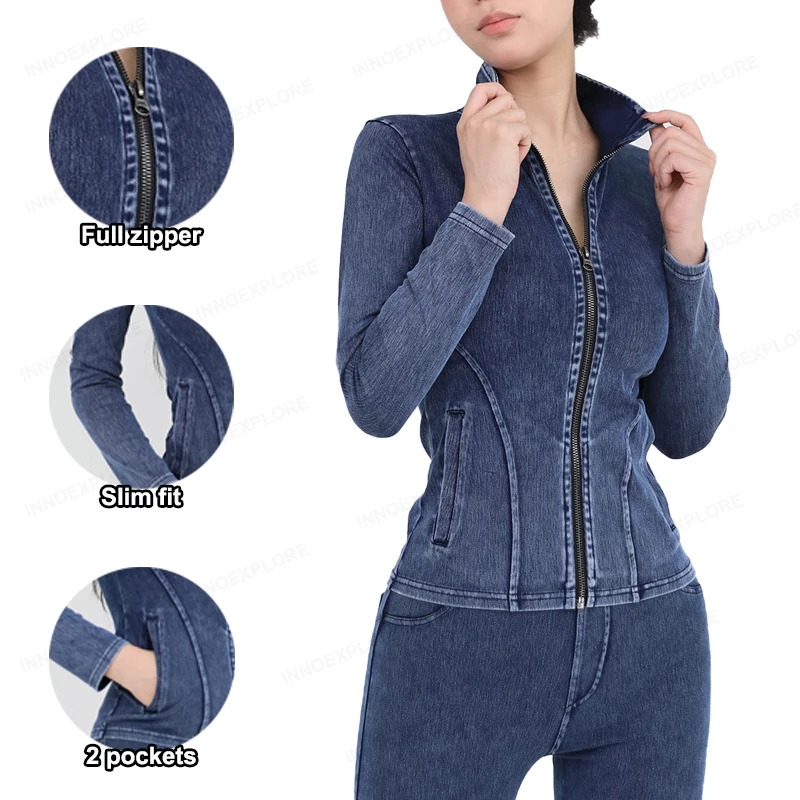 Women Gym Jacket Full Zip Long Sleeve Fitness Top Stretch Denim Coat Slim Fit Women Casual Running Jacket Sports Yoga Sweatshirt Yoga Jacket Sports Jacket