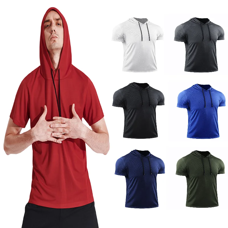 

Men Quick Dry Sport T-Shirts Short Sleeve Fitness Running half sleeve Compression Gym Training Bodybuilding Hooded Sportswear