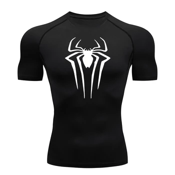 Spider Print Compression Shirts for Men Summer Short Sleeve Rash Guard Gym Workout Tshirt Athletic Quick Dry Undershirts Tops 1