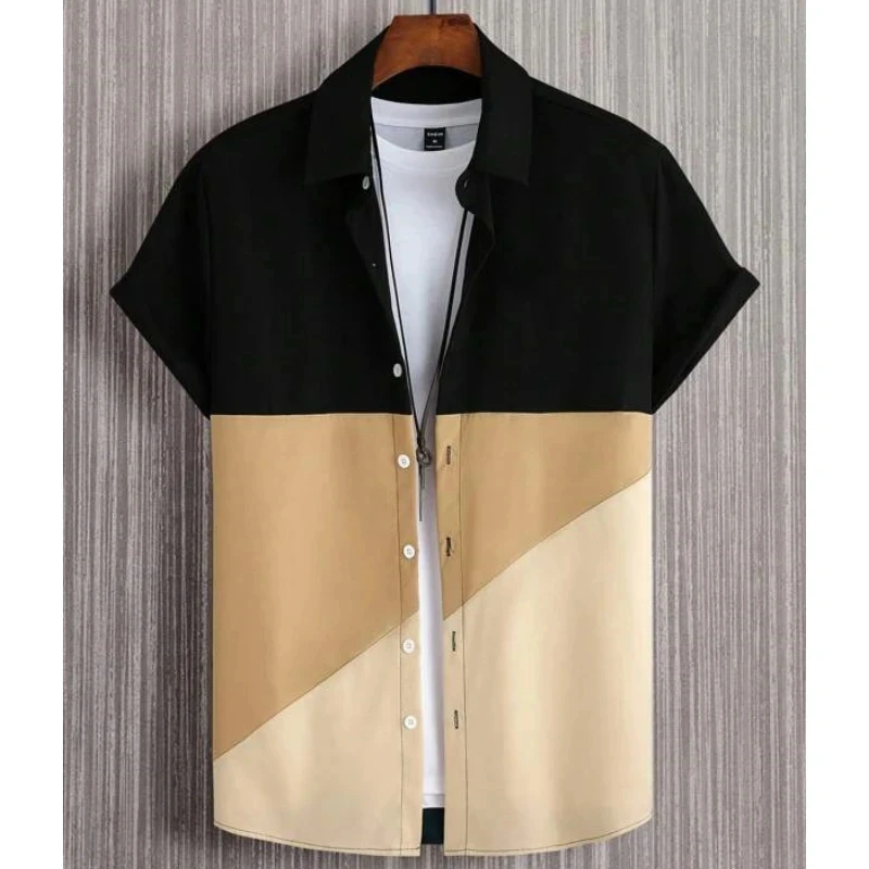 thumbnail image 1 of Camisa con estampado 3D de empalme de contraste de color de moda nueva de verano 2024 para hombre, versátil, informal, holgada, versátil, con cuello abatible y botones, 1 of 5