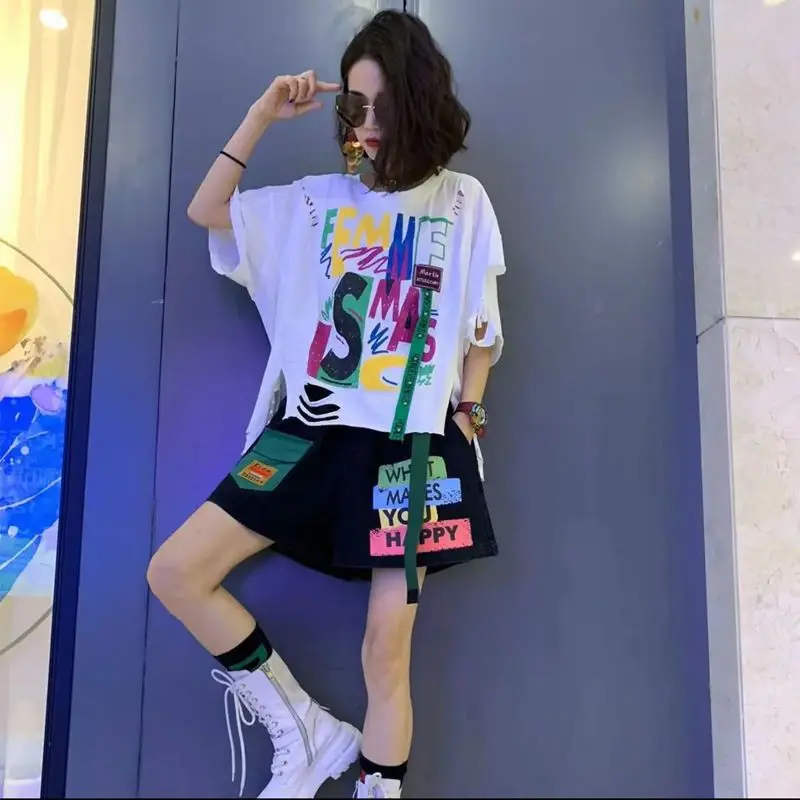 

Fashion Sports Set Summer New Letter Printing Loose Two Piece Set Contrast Patchwork Tops Casual Vintage Trend Women Clothing