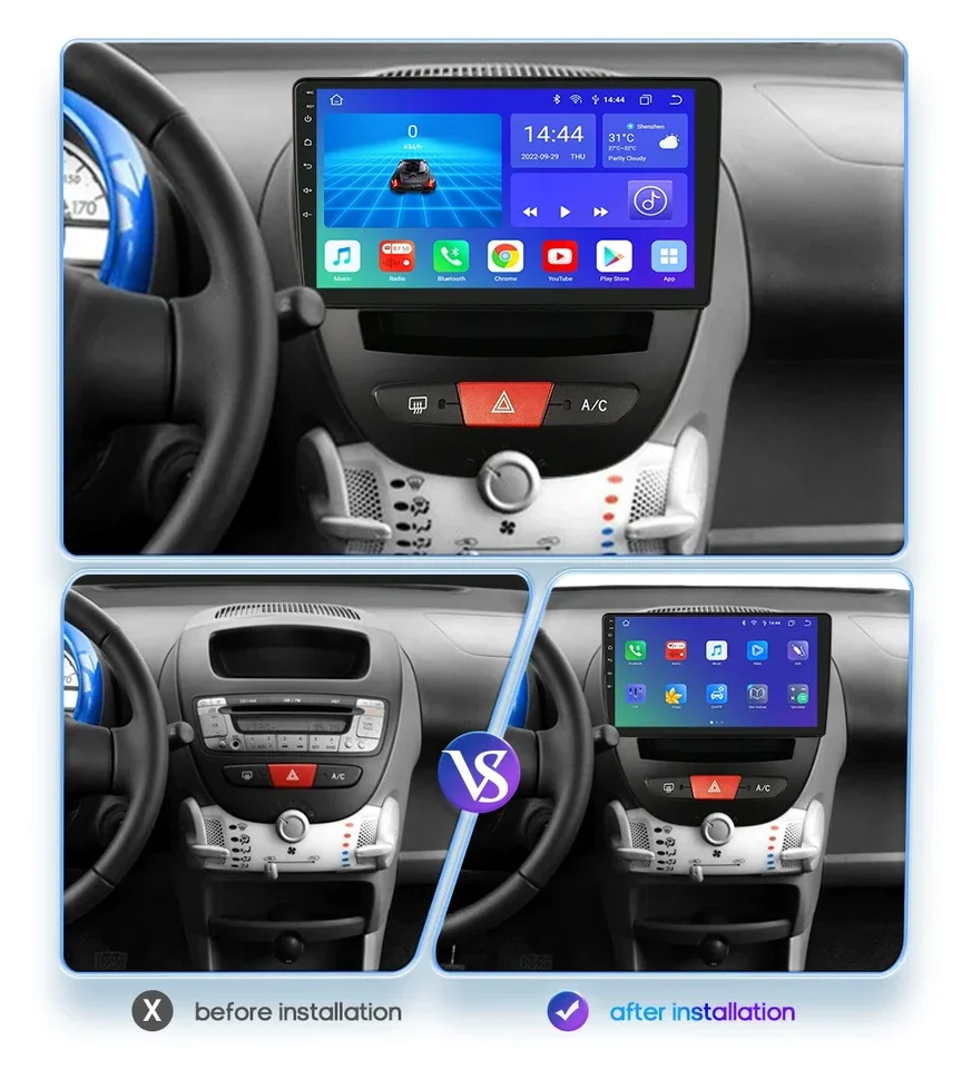 Autoradio Android 13 Per Peugeot 107/Citroen C1/Toyota Aygo 2005-2014 - 10 Pollici, CarPlay, GPS, RetroCamera