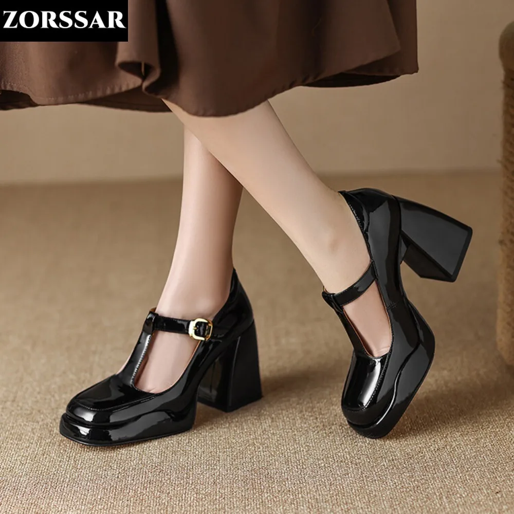 

Women Shoes High Heels Mary Janes Shoes Patent Leather Thick Heel Pumps Buckle Round Toe Female Footwear Red Apricot Big Size 41