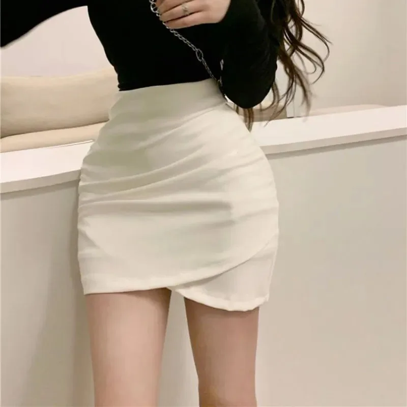 

GIDYQ Sexy Hip Wrap Pencil Skirt Women Korean Fashion Irregular Slim Mini Skirt Solid High Waist Folds All Match Short Skirts