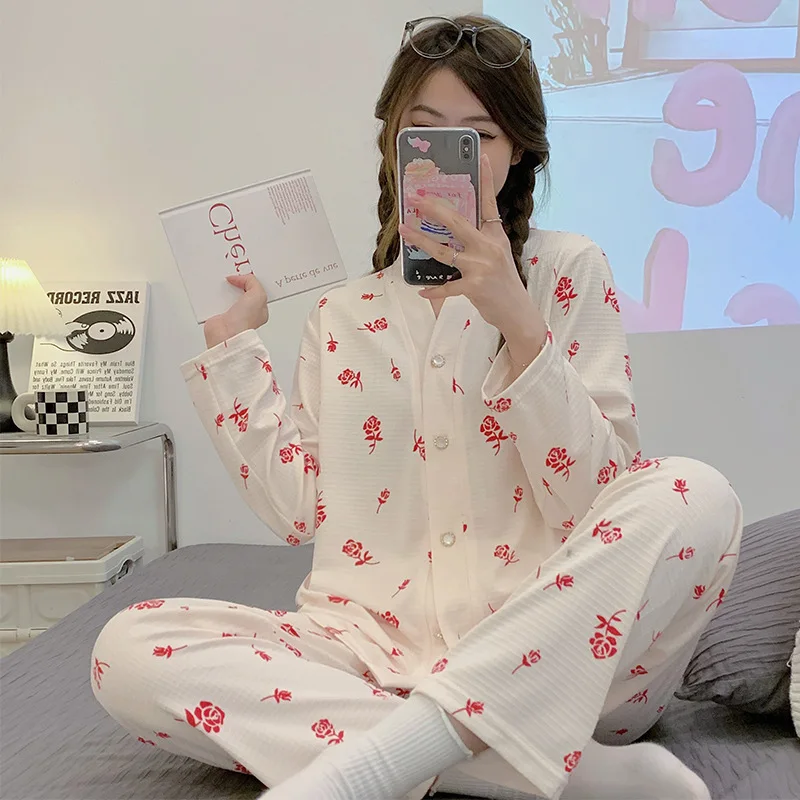 Women's 2 Pieces Pajamas Set 100% Cotton Pyjama Female Pijama Women Homewear Nightwear Sleepwear Long Sleeve Shirt Pants Suit
