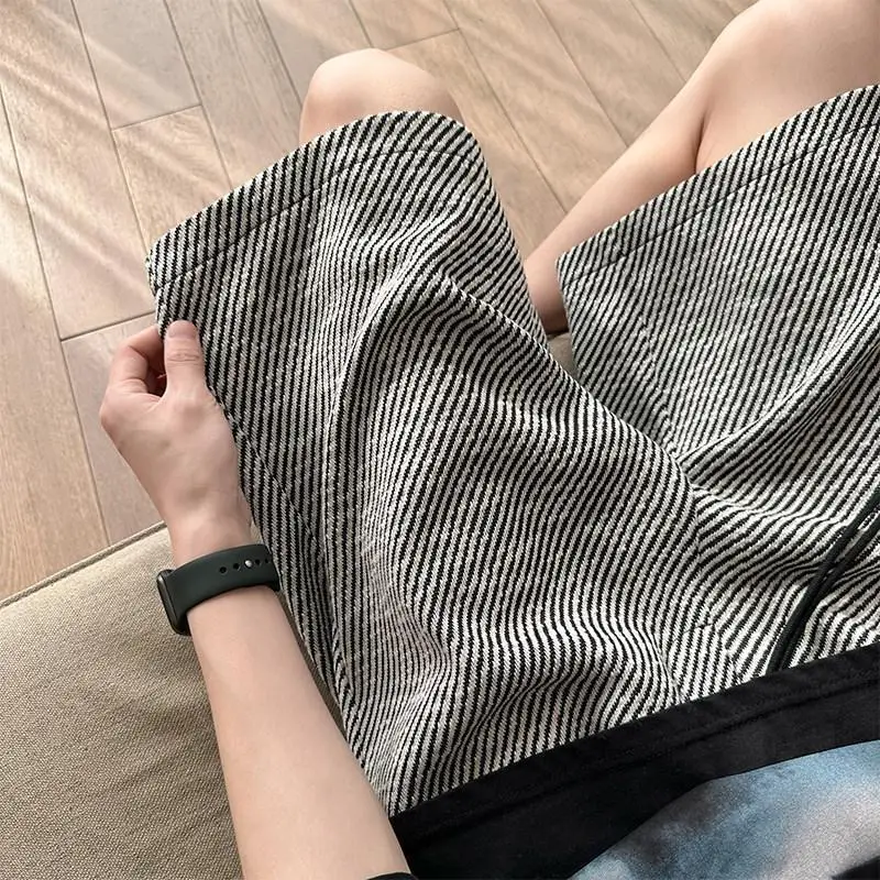 Texture Black Striped Summer Men Straight Cylinder Middle Pants Fashion Casual Elastic Waist High Street Pocket All-match Shorts