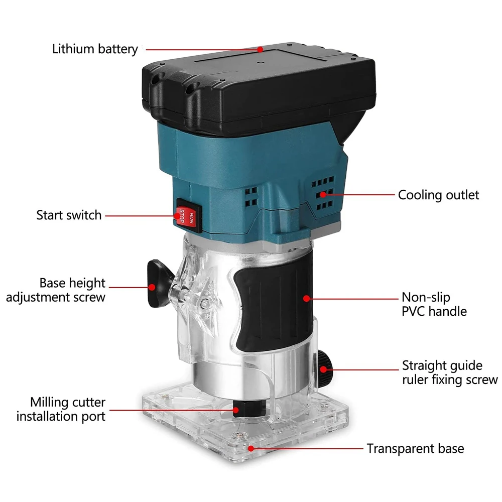 Cordless Lithium Electric Trimmer Woodworking Engraving Slotting Trimming Milling Machine Wood Router For Makita 18V Battery