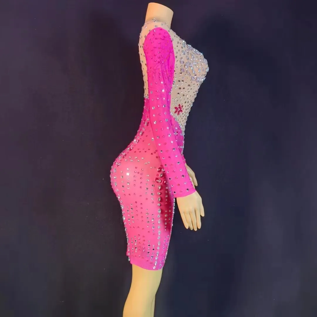 Sparkly Rhinestones Mesh Transparent Short Dress for Women