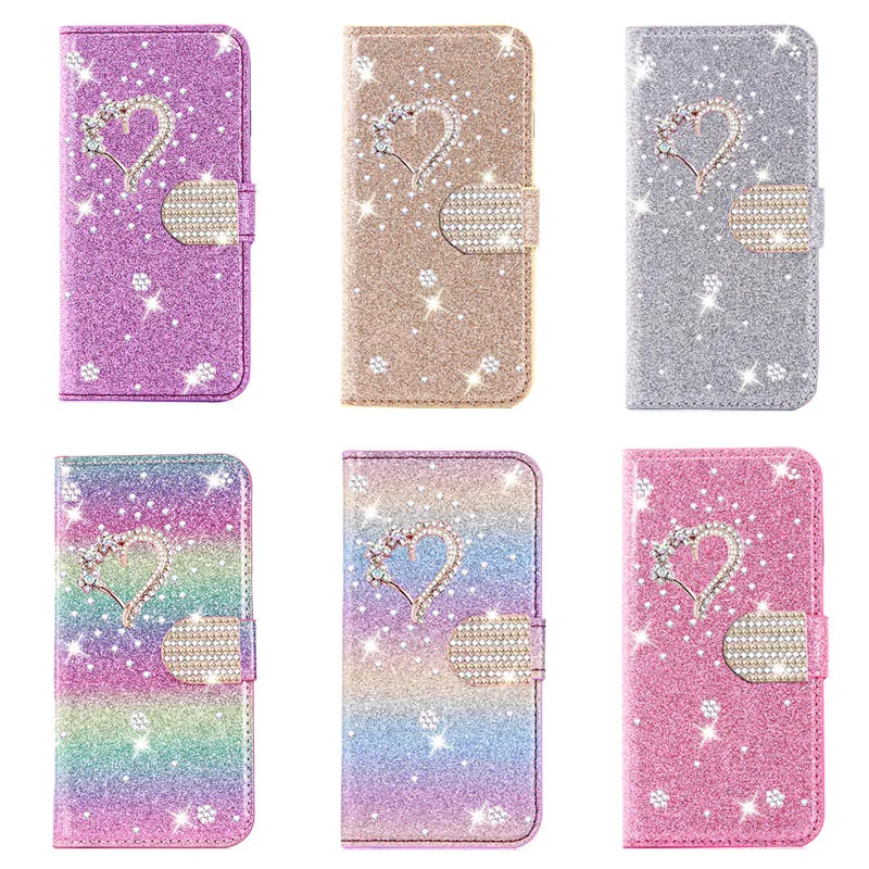 

Flip Leather Glitter Phone Case For iPhone 8 7 6 Plus 5S XR XS Max 12 11 Pro Max SE 2020 Luxury Bling Diamond Heart Wallet Cover